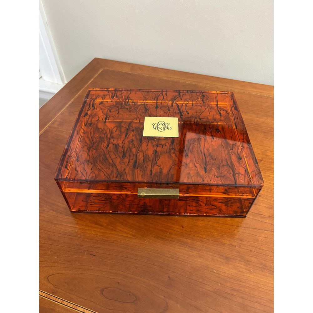 Vintage Tortoise Shell Acrylic Jewelry Box Amber Swirl Monogrammed Gold Clasp